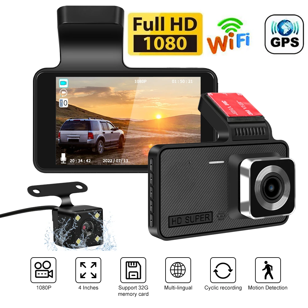 

Видеорегистратор автомобильный, Wi-Fi, 4,0 дюйма, Full HD, 1080P, GPS