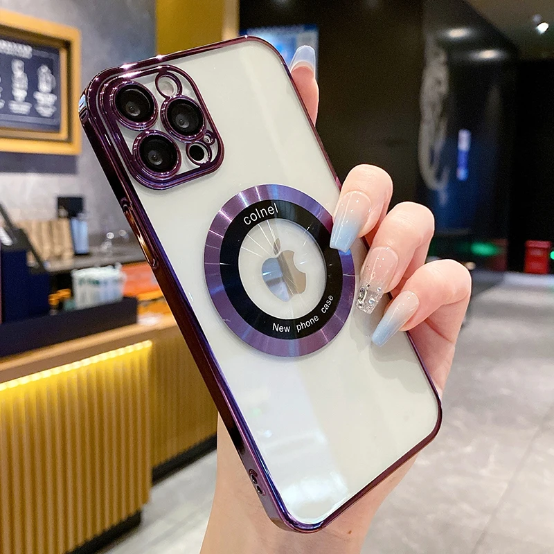 

For Magsafe Transparent Soft Case for IPhone 14 13 12 Pro Max Clear Plating Magnetic Phone Cases Full Camera Lens Covers Purple