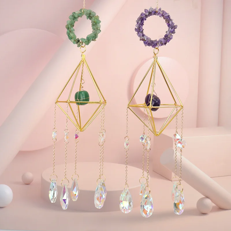 Copper Wire Wrap Rock Crystal Gravel Sun Catcher Lamp Stand Window Garden Hanging Decoration Handmade Natural Mineral Ornament