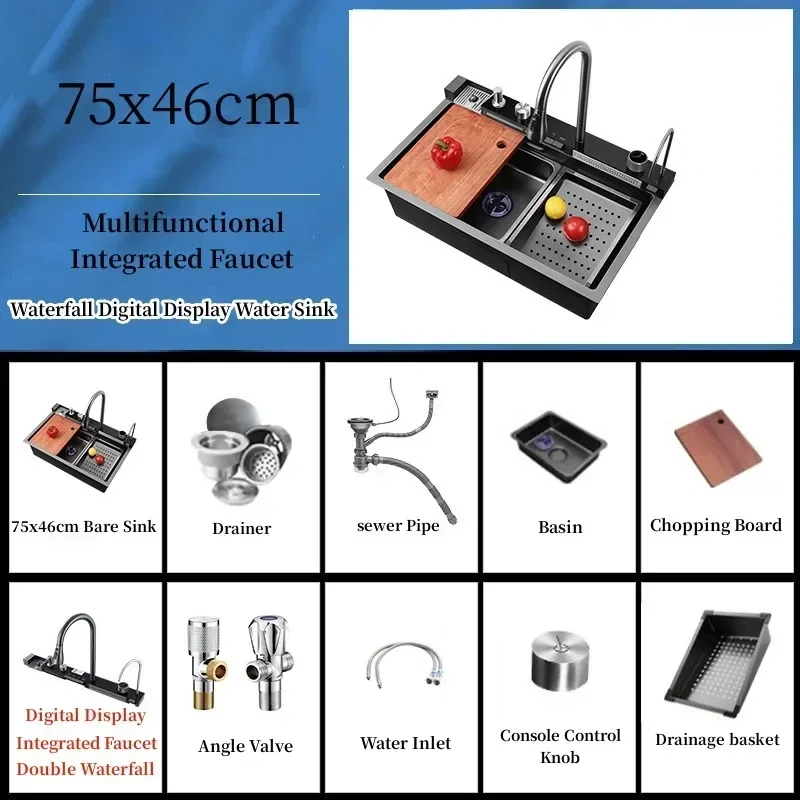 

Раковина-водопад, кухонная раковина из нержавеющей стали с верхним креплением, большая раковина с одним слотом и многофункциональным сенсорным краном-водопадом