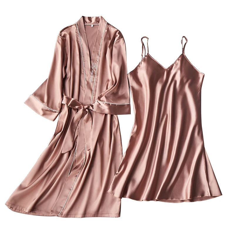 Nightdress Summer Thin Pajamas Women's Sexy Suspender Nightgown Two Piece Set Home Clothes V-neck Ice Silk Pajamas Women's Robe