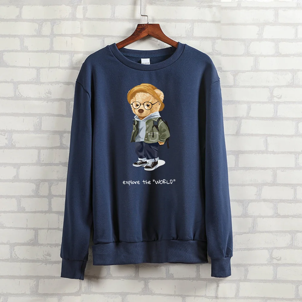 

BLINGPAW Autumn Clothes Teddy Bear Explore The World Letter Printed Unisex Heavy Blend Crewneck Sweatshirt Long Sleeve