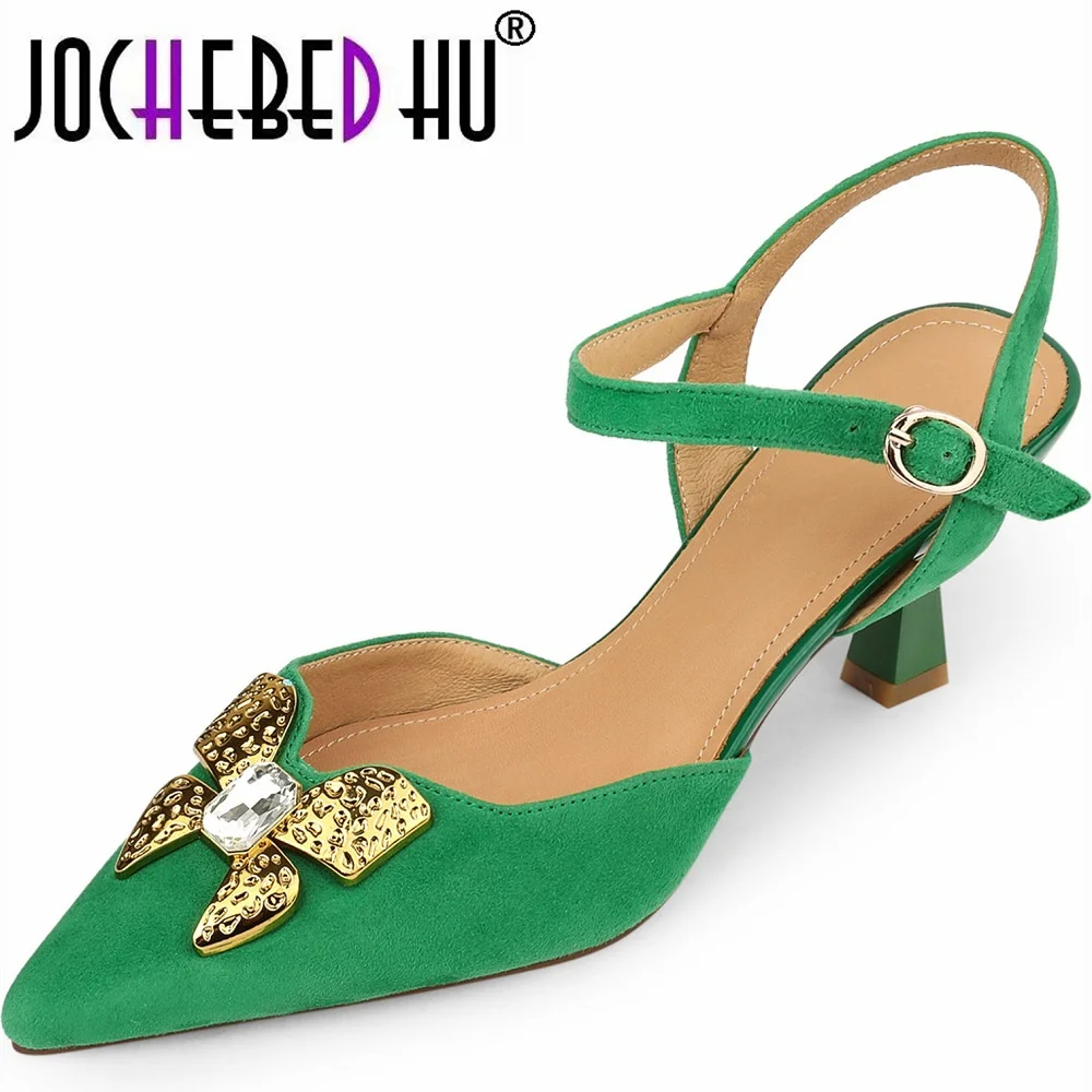 

【JOCHEBED HU】Women's Genuine leather thin high heel pointed toe ankle strap summer sandals metal decoration elegant ladies 33-40
