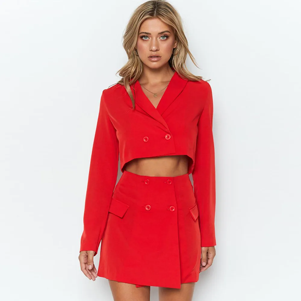 Vintage Solid Colors Suits Fashion Woman Blazer Suit 2021 Women Cropped Blazer and Button Up Mini Skirt Slim One Piece Crop Tops