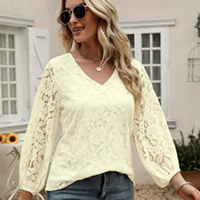 

2022 Autumn New White V-neck Elegant Lace Blouse Sexy Hollow Out Women Shirt Femme Three-quarter Sleeve Lady Tops 23484