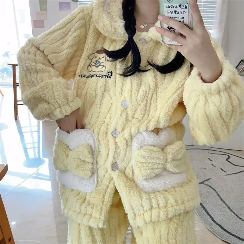 

Kawaii Sanrio Pom Pom Purin Pajama Sets Winter Cartoon Coral Fleece Thickening Pajamas for Women Cute Casual Homewear