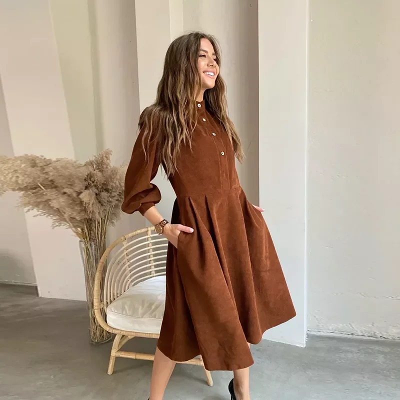 

Women Corduroy Lantern Sleeve Casual Dress Stand Collar Button Folds Dresses Autumn Winter Vintage A-Line Party Midi Dress 2021