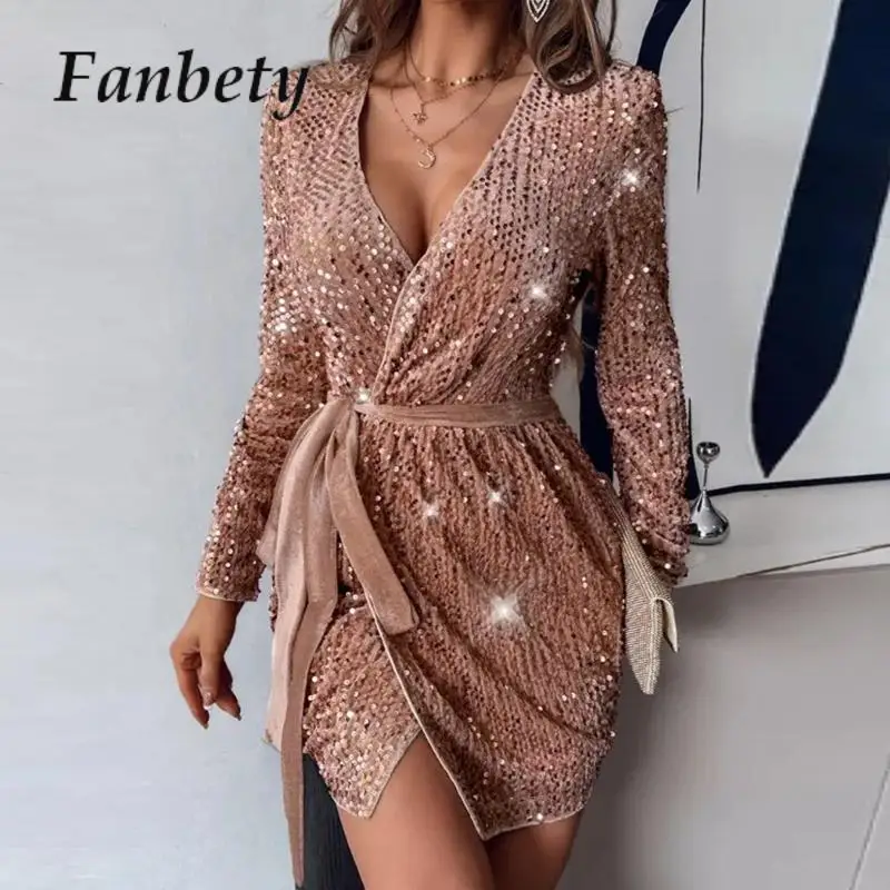 

Women Luxury Long Sleeve Club Dresses Elegant Deep V-neck Lace-up Mini Dress Fashion Glitter Sequins Banquet Solid Party Dress