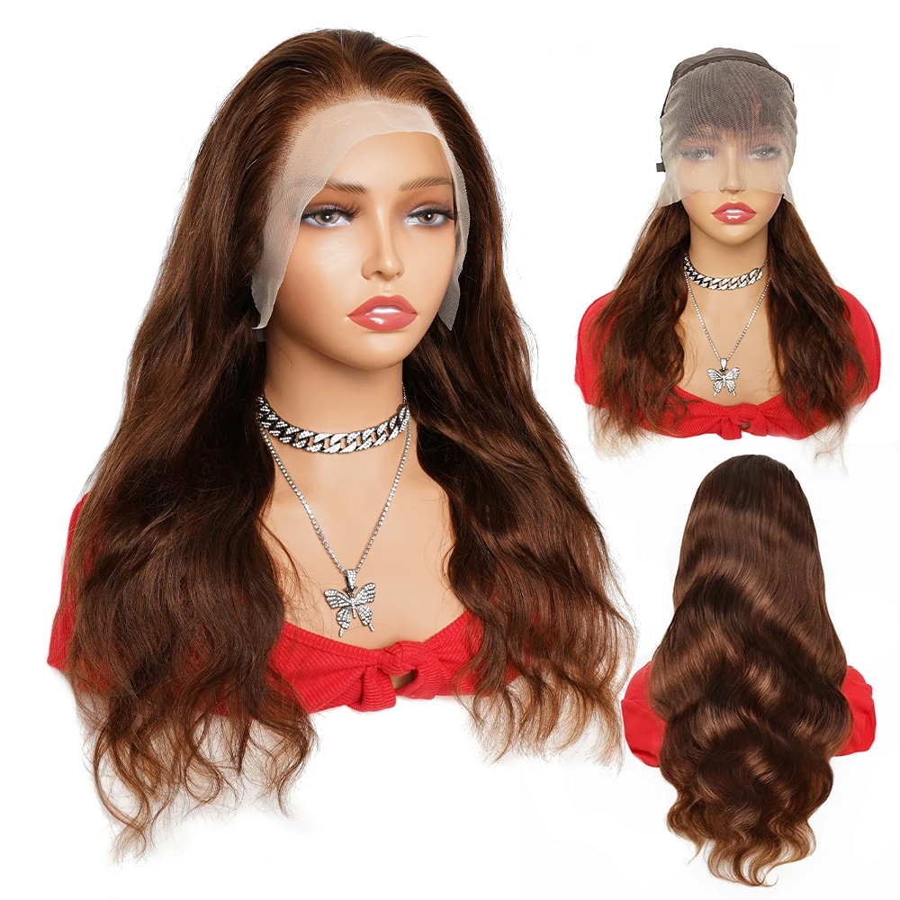 #4 Dark Brown 13*4 Lace Frontal Wigs Human Hair Wig Body Wave12 To 26 Inch Transparent Front Lace Hair Extension For Women