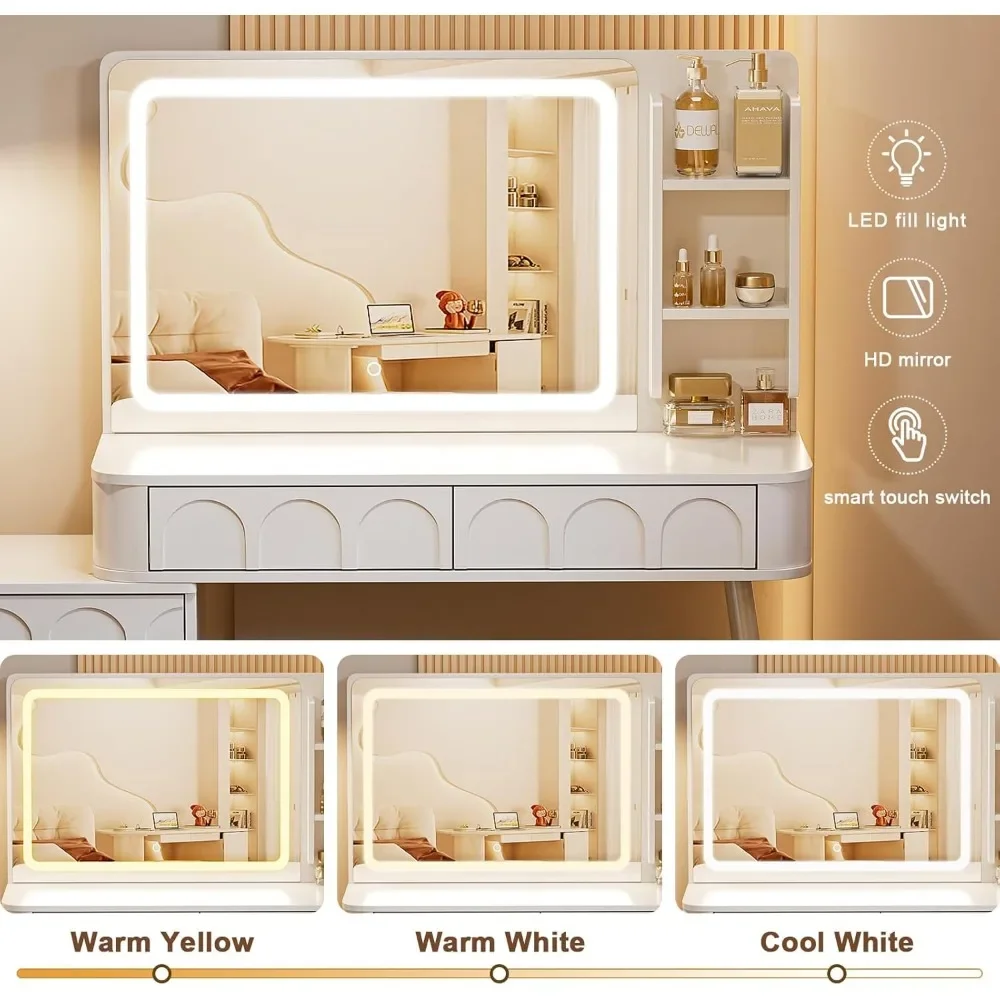 Туалетный столик для макияжа 3-цветная подсветка и зеркало туалетный с зарядной