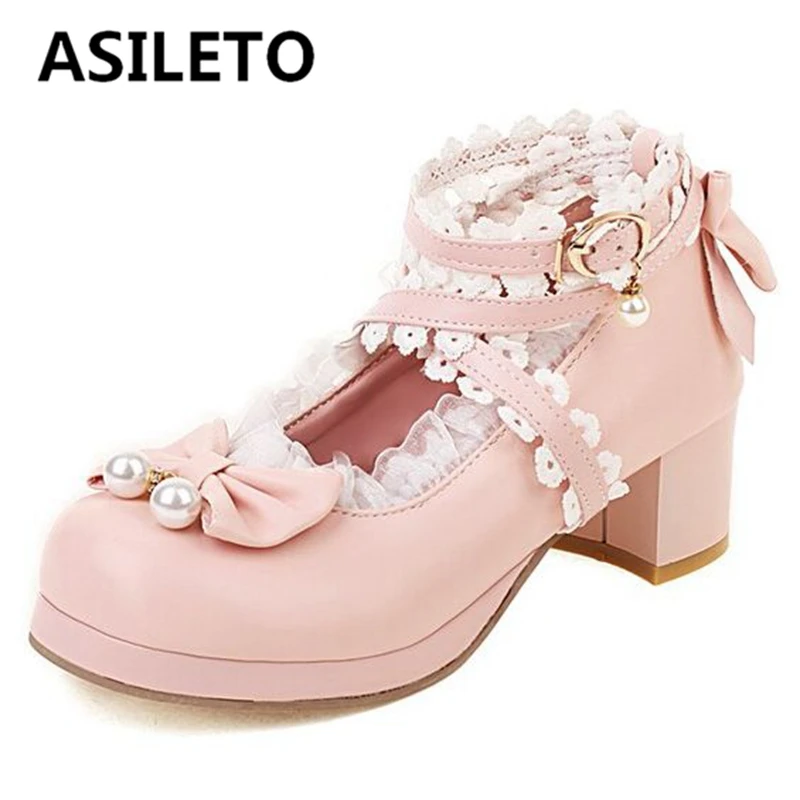 

ASILETO Women Shoes Platform Pumps Square Toe Chunky Heels Bowtie Crossed Strap Sweet Big Size 30-48 White Black Spring S3271
