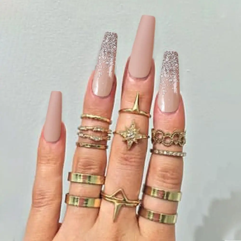 

24pcs Detachable Press on Nails DIY Full Cover Fake Nails Long Ballerina Glitter French