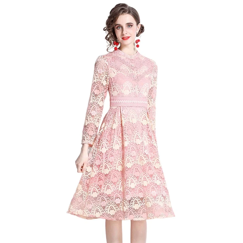 

Simgent Pink Lace Dress Women 2022 Spring New Fashion Elegant Long Sleeve Embroidery Knee Length A Line Dresses Jurk SG221415