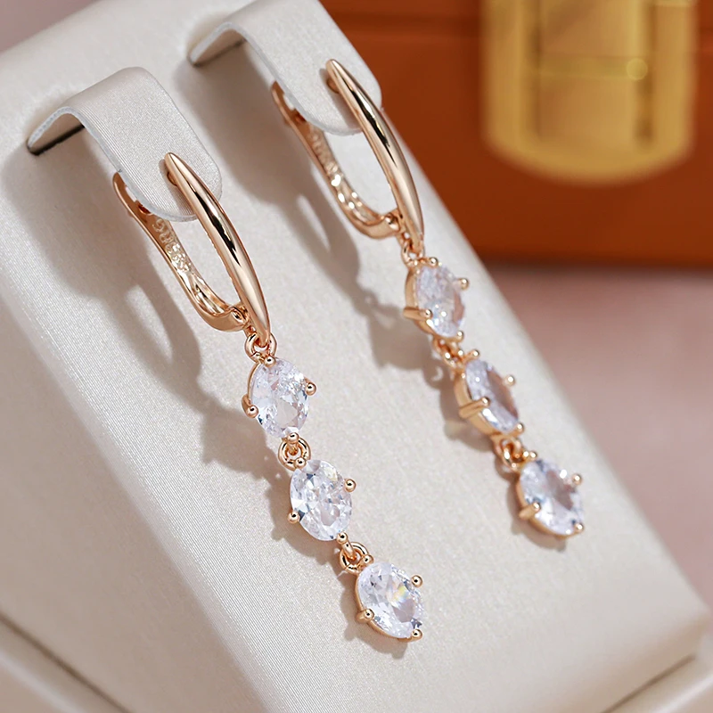 

JULYDREAM Classic Oval White Zircon Pendant Earrings 585 Gold Color Wedding Dangle French Jewelry for Women Party Accessories