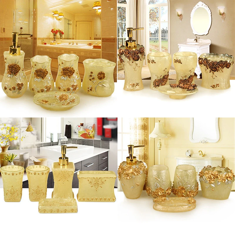 

European Resin Bathroom Set Household Five-piece set Soap Dispenser Tooth Brush Holder Cup Soap Dish plastic Tray