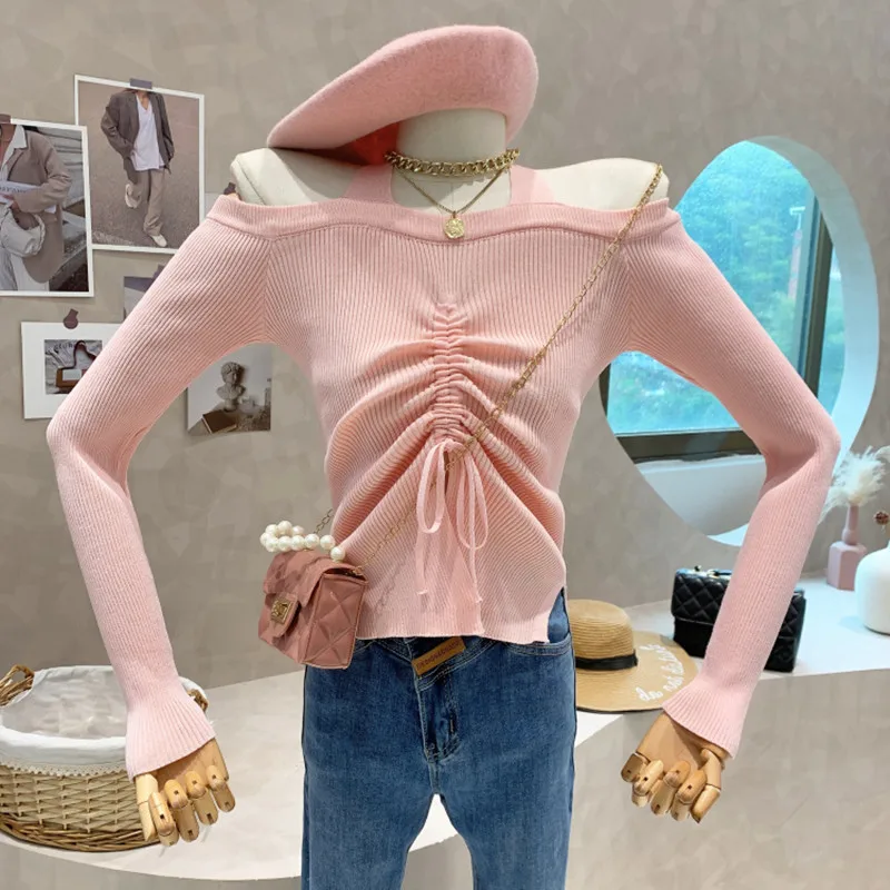

New Women's Clothing 2022 Spring Design sense hanging neck off shoulder knit shirt sweater drawstring pleated Tops femme blouses