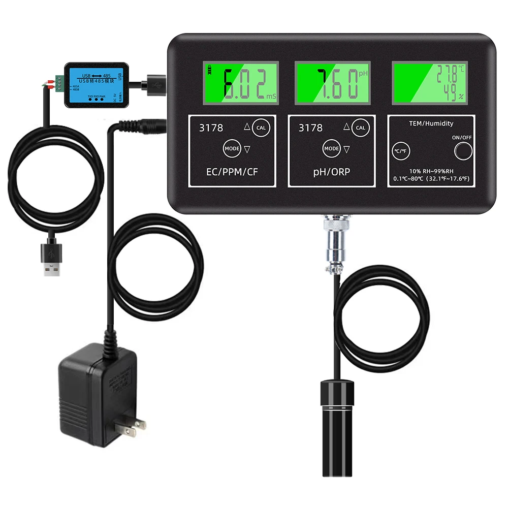 7 In 1 Multi-function Water Quality Monitor With RS485 TO USB EC/TDS/CF/pH/ORP/Humidity/TEMP Meter 24 Hours Online Monitoring