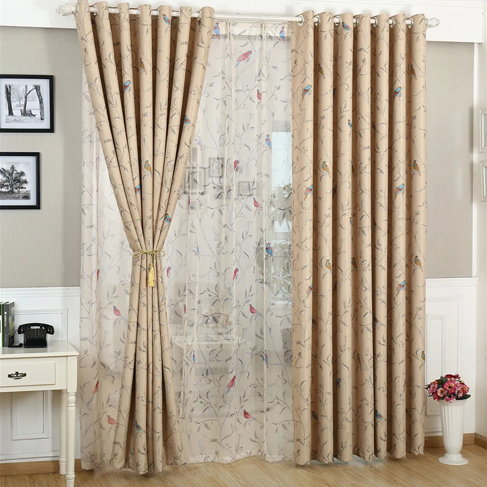 

Living Room Bedroom Fabric Curtains Modern Pastoral Birds and Flowers Curtains Blackout CN