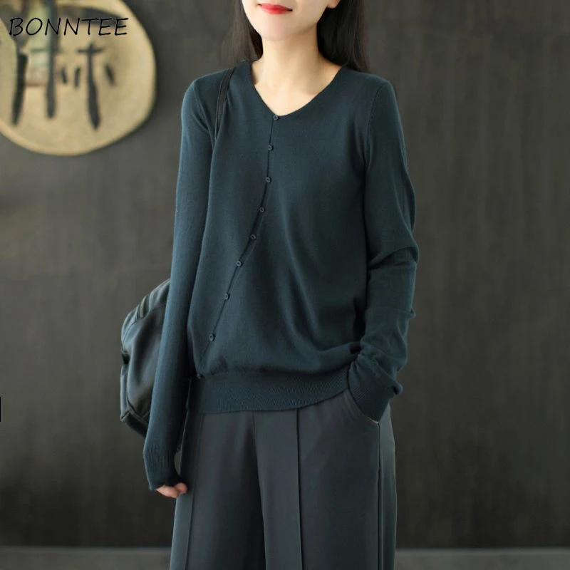 

Pullovers Women Button Solid Loose Design Basic Casual Cozy Soft Breathable Elegant Gentle Retro Chic Fashion Korean Style Young