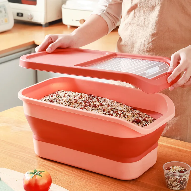 

Large Capacity Folding Rice Bucket Plastic Food Spices Storage Container Bulk Cereals Organizer Boxes Home New Kitchen Utensils