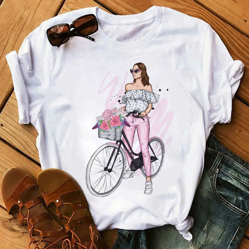 

Women T Shirt Girl with Flower Bicycle Printed Tops Female Harajuku Cute Graphic Tee Shirts Women Summer Short Sleeve T-shirts