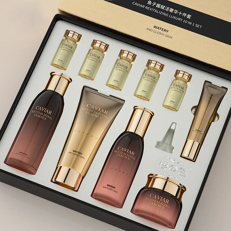 

Набор для ухода за кожей икры, 10 шт., очищающее средство для лица, лосьон с тонером, крем для глаз сывороточная эссенция, Восстанавливающий ув...