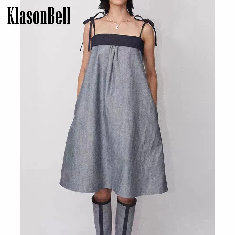 

7.16 KlasonBell Bow Suspender Contrast Color Denim Dress Women
