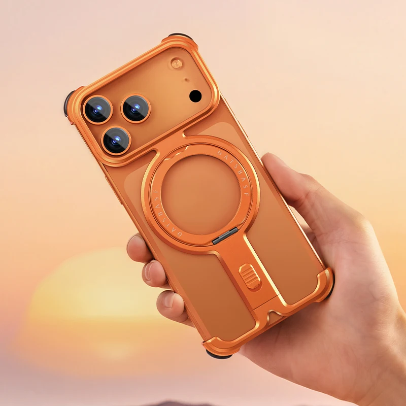 Фото Металлический чехол для телефона Oatsbasf для iPhone 17 Pro/17 Pro Max с магнитной подставкой 360 °   Вращающаяся алюминиевая металлическая безрамная крышка Magsafe №1