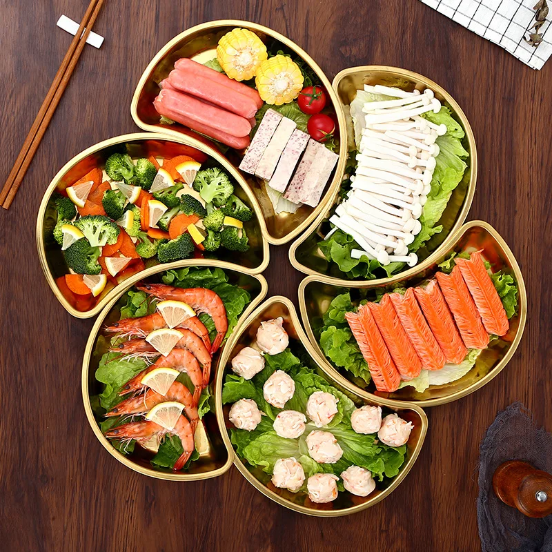 6Pcs Korean Moon Combination Plate Thickened Stainless Steel Family Reunion Moon Dish Plate Snack Hot Pot Plate Kitchen Supplies