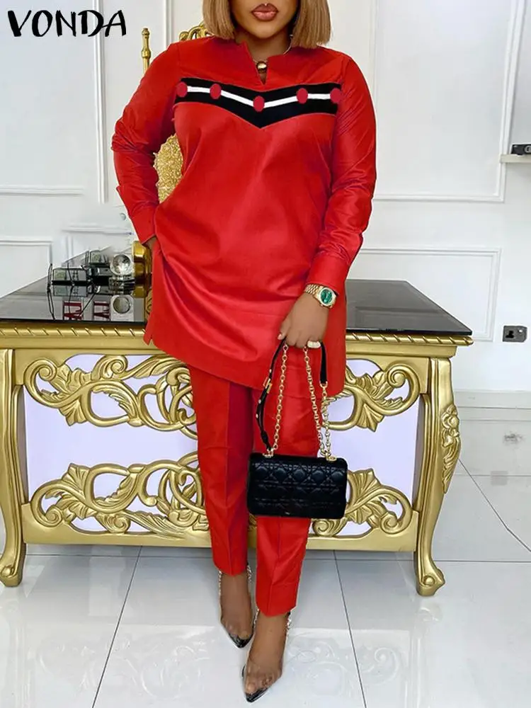 

2023 Летние повседневные комплекты, модные женские брюки VONDA, наборы с пуговицами, V-образным вырезом, длинными рукавами, топы с принтом и брюки...