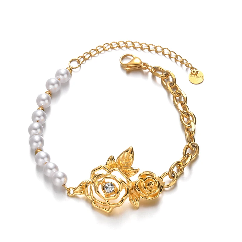 Изысканный жемчужный браслет Spark с цветком из нержавеющей стали золотого цвета