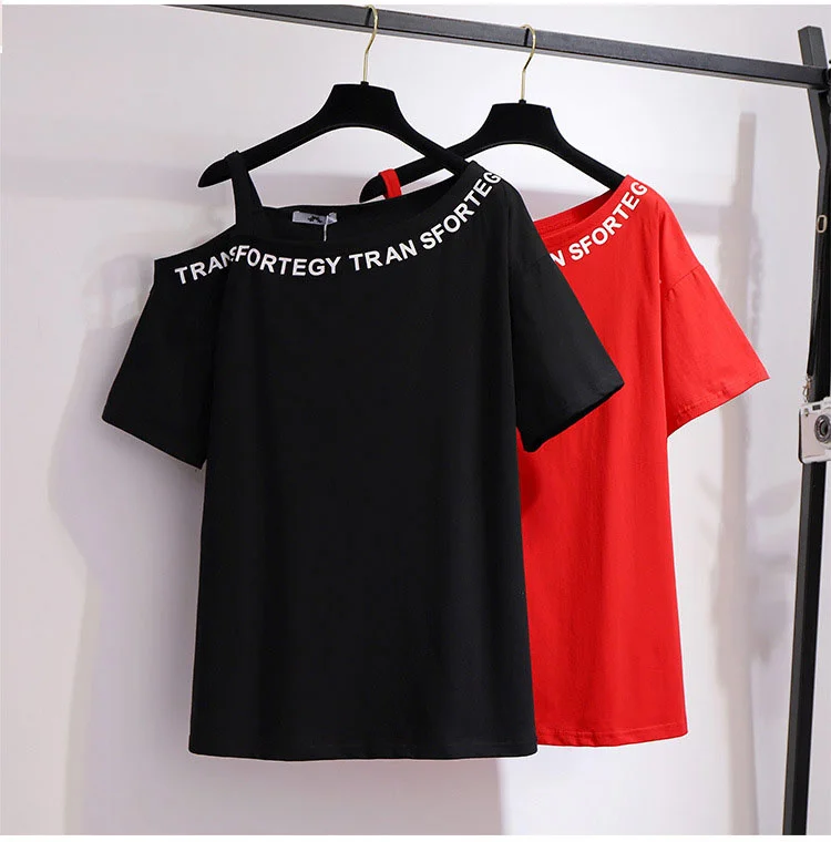 

Summer 150Kg Plus Size Women's One-Shoulder Printed Letter T-Shirt Bust 156cm 6XL 7XL 8XL 9XL 10XL Loose Cotton Top Black Red