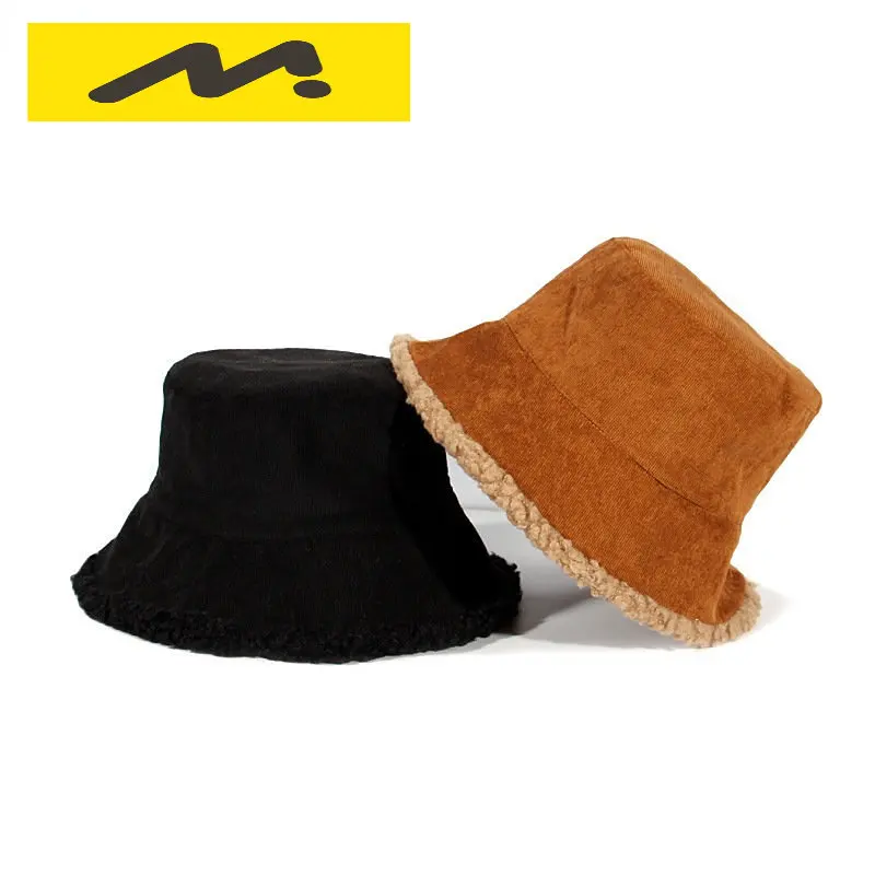 Reversible Bucket Hats Women Winter Warming Panama Hat Lady Fluffy Corduroy Double-Side Wear Outdoor Fisherman Cap Hat for Women