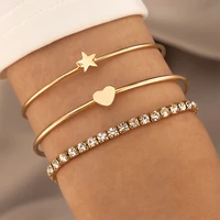 gold open bangles sets for women fashion love pentagram diamond charm jewelry geometric stretchy bracelet accessories