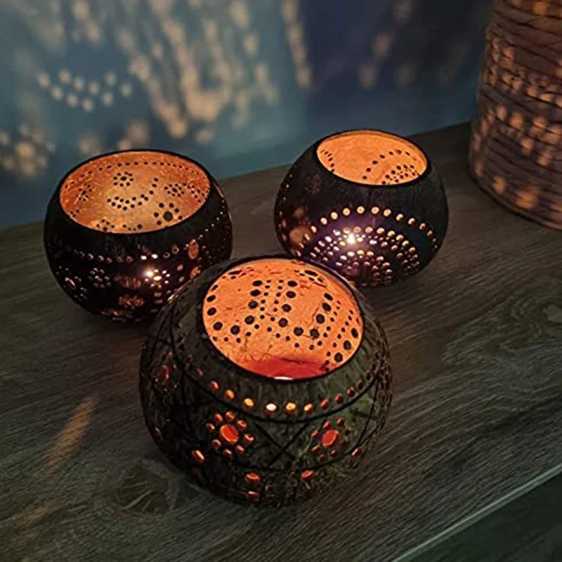 Coconut Shell Wood Candle Holders (Set Of 3) With Scented Tealight Candles - Boho Decor Votive