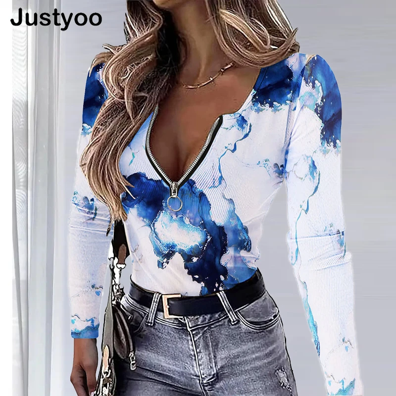 

Новинка 2022, Женский пуловер на молнии с U-образным вырезом и градиентом, женский модный осенний пуловер с принтом, облегающие Топы с длинным ...