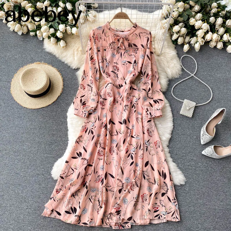 

Women Sweet Floral Dress Elegant French Long Sleeve O Neck A-line Dresses Autumn Bohemian Print Vacation Long Dress