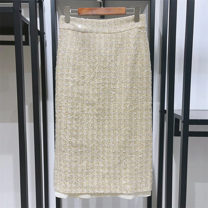 Korea Women Celebrity Sequins Woolen Slim Bag Hip Versatile Long Skirt 2023 Spring Luxury Designer Brand Clothes