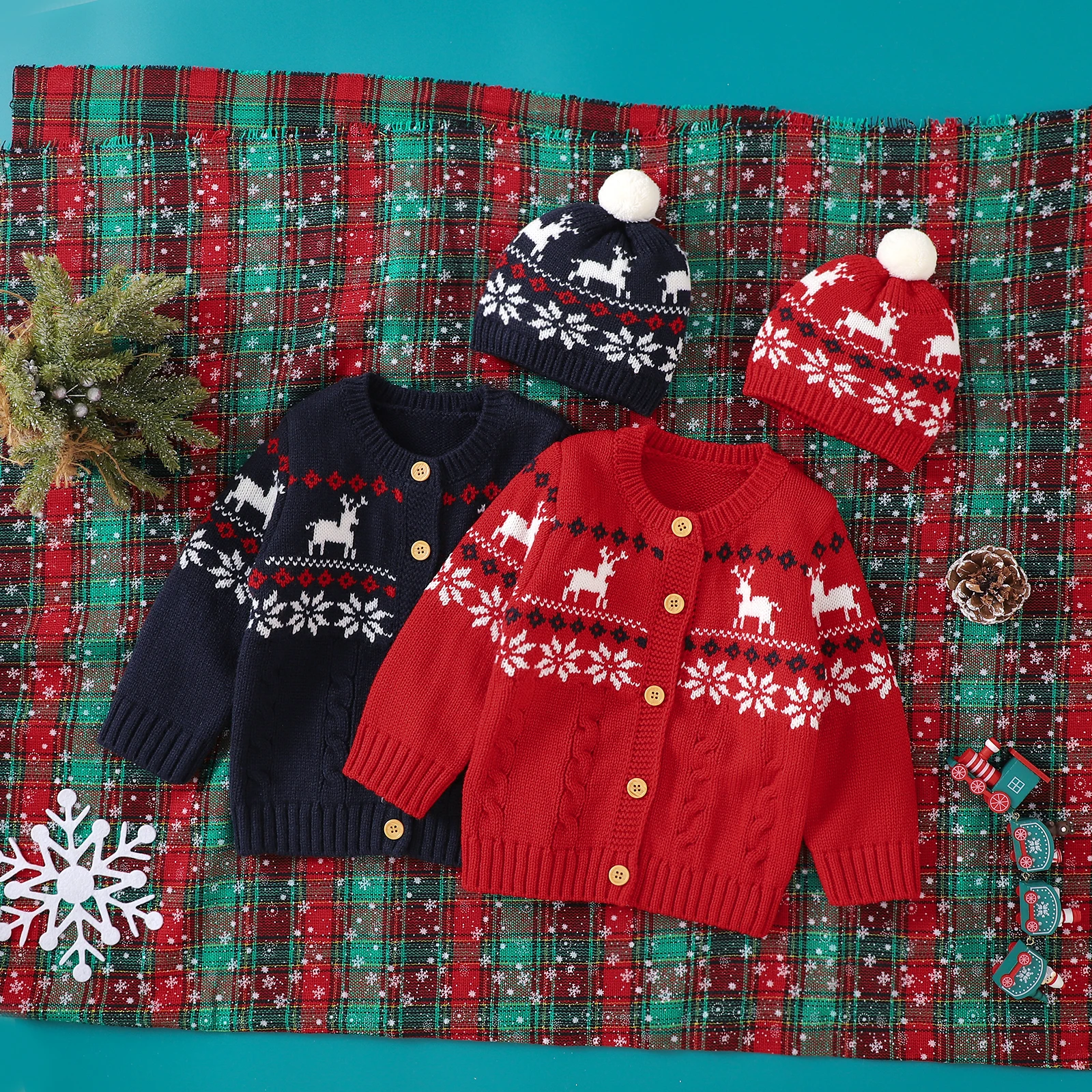 

Рождественский свитер, детский трикотажный свитер с длинным рукавом и пуговицами, кофта с шляпой, 2 шт.