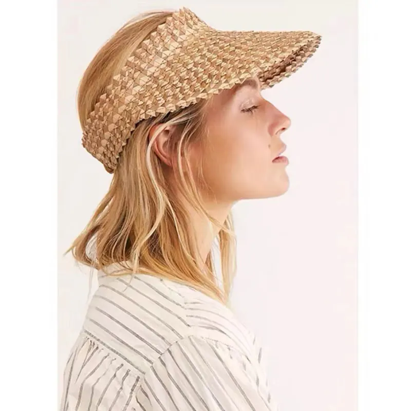 Women New Summer Empty Top Sun Visor Straw Hat Summer Straw Wide Brim Sun Cap Beach UV Protection Hats Caps Men Bonnet Homme