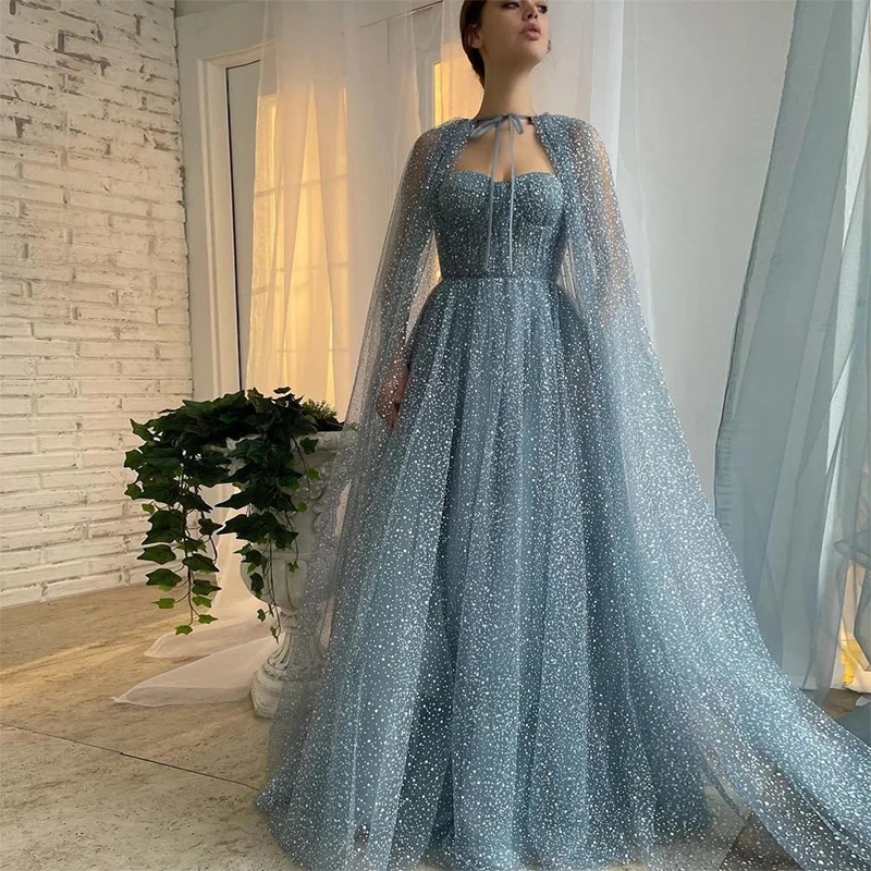 

Dusty Blue Sparkly Tulle Evening Dresses with Long Cape Sweetheart A-Line Formal Party Dress 2023 Prom Gowns Floor Length