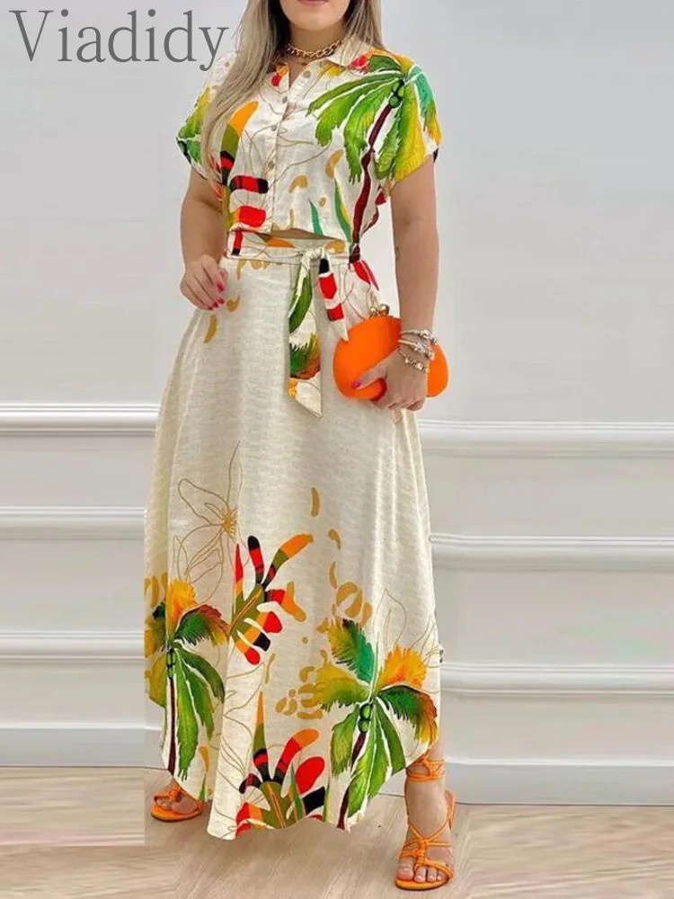 

Women Summer Print Button Down Crop Top and High Waist Skirt 2pcs Set with Belt