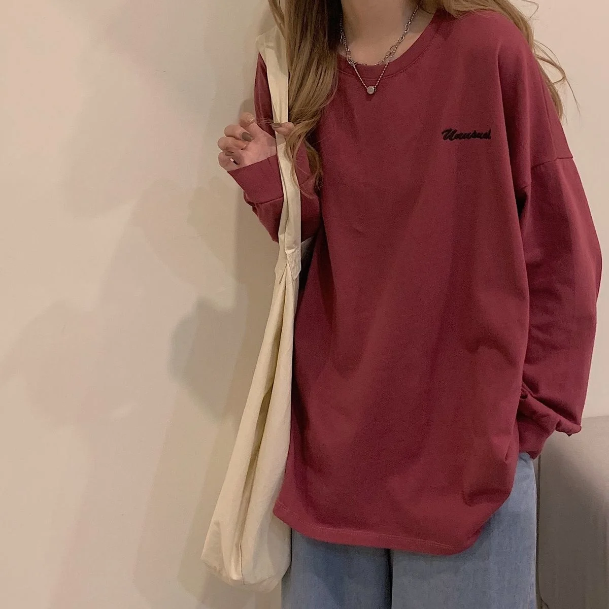 

Letter Embroidery Oversize T Shirt Red White Black Spring Long Sleeve Women Tee