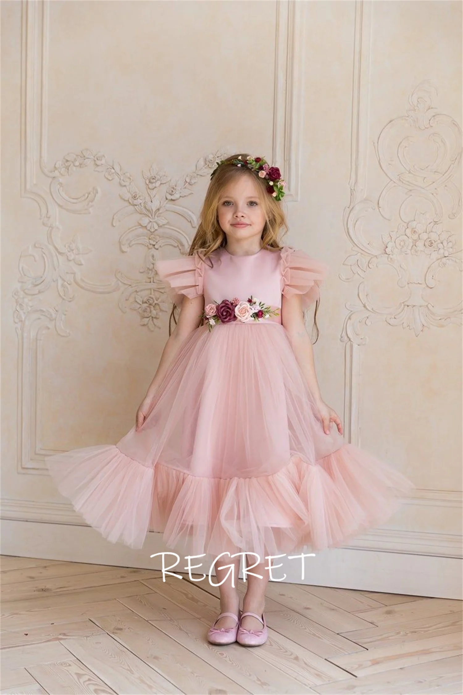 

Flower Girl Dress Kids Princess Frilly Sleeveless Waist Imitation Flower Tea Length A-Line Wedding Tulle Dance Beach Prom Dres