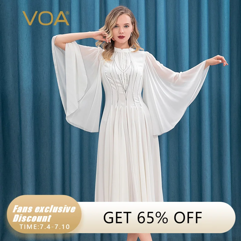 

VOA Heavyweight Silk 30m/m White Half-Collar Flounced Sleeves Black Arch Needle Mix Material Stitching Pleated Dress Party AE216