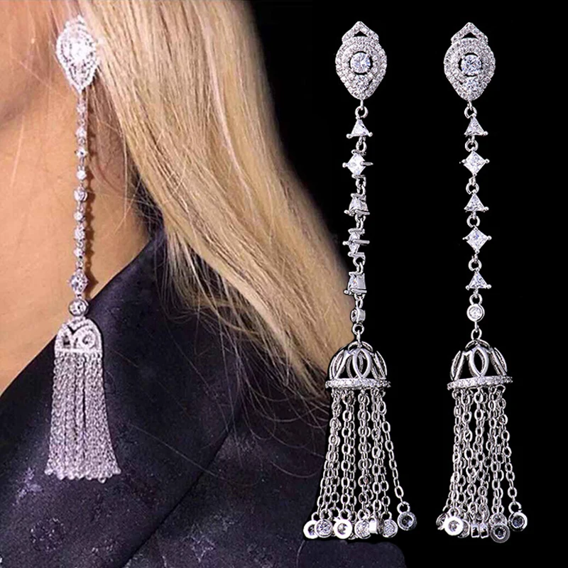 

Fashion Korean CZ Tassel Wedding Jewelry Marquise AAA Cubic Zirconia Long Drop Bridal Earrings for Elegant Women