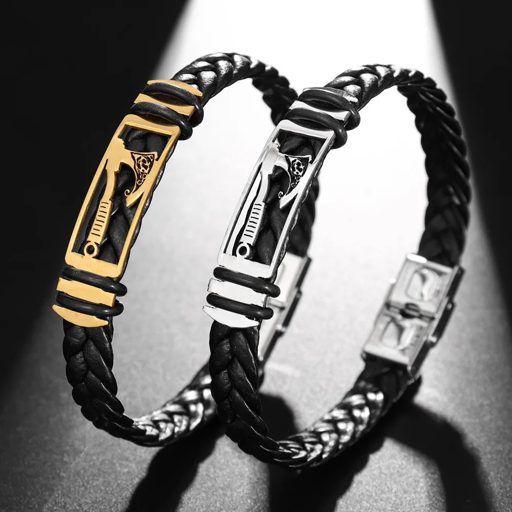 Новый Винтажный металлический плетеный кожаный браслет Tomahawk модный мужской