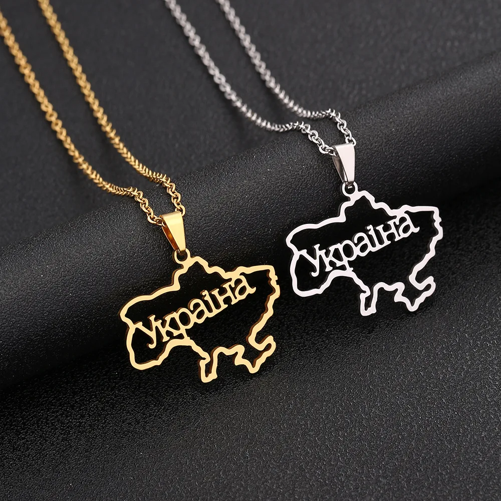 

New Stainless Steel Ukraine Map Outline Pendant Necklace For Men Gold Plated Heart Flag Ukrainian Women Jewelry Gifts