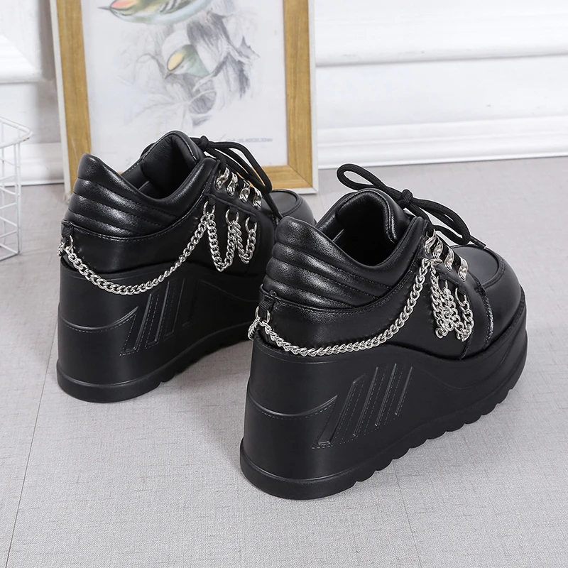 2023 New Size 42 Black Lace Up Buckle Wedges Platform Women's Sneakers Thick Bottom Fashion Gothic Punk Shoes
