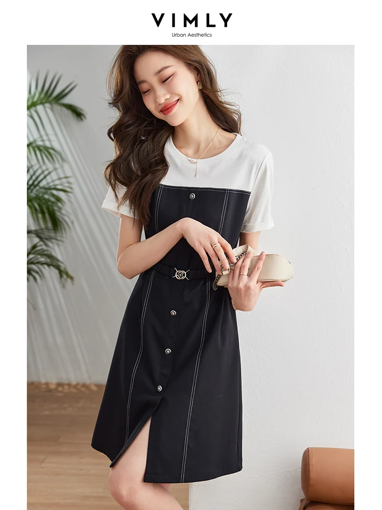 

Vimly Casual Summer Fake Two Piece Black Dresses for Women 2023 Fashion Belted Slim Waist A Line Short Sleeve Split Ladies Dress